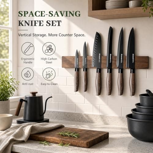 Astercook 13-Piece Kitchen Knife Set with Black Anti-Rust Coating, Dishwasher Safe, Stainless Steel Chef Knives Set with 6 Blade Guards, Wood Grain Handle, Perfect Holiday & Housewarming Gifts - Thumbnail 4