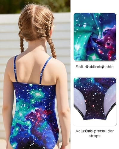 Purple Galaxy One Piece Swimsuit Adjustable Strap Beach Bathing Suit Cute 3D Graphic Swimming Suit for Pool Party 5-6 Y Ears - Thumbnail 2