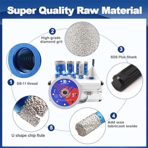 BRSCHNITT Diamond Core Drill Bit Set - Tile Hole Saw for Porcelain Tile Ceramic Marble Granite Drilling&4/5"& 2" Diamond Chamfer Finger Bit&Adapter & 5" Saw Blade - Thumbnail 5