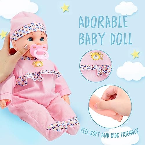 SMILESSKIDDO Interactive Baby Doll Pink - 16 Inch Crying Talking Feeding Dolls with Different Sounds and Accessories, Pretend Play Preschool Toys for 2 3 4 5+ Year Old Girls Boys Gift - Thumbnail 3