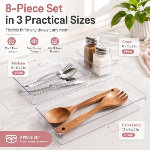 8 Pack Large Clear Plastic Drawer Organizer Bins - Acrylic Bathroom Drawer Organizer Trays - Heavy Duty Kitchen Drawer Dividers for Utensils - Non-Slip Storage Bins for Makeup, Bedroom, Office Desk - Thumbnail 2