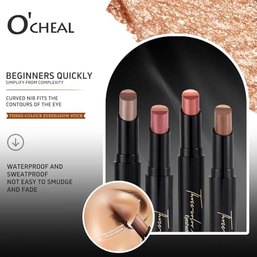 O'CHEAL Three Color Gradient Eyeshadow Stick Matte Shimmer Waterproof Long-lasting Crease-proof & easy to apply, suitable for dailymakeup touch-ups，Eye shadow pen for Make Up 03#Fine Glitter Orange - Thumbnail 6