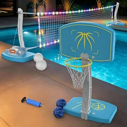 Goregent Pool Basketball Hoop and Volleyball Combo 2-in-1, LED Pool Volleyball Net Set with Adjustable Net, Stainless Steel Basket, Swimming Pool Games for Poolside Inground Summer Party