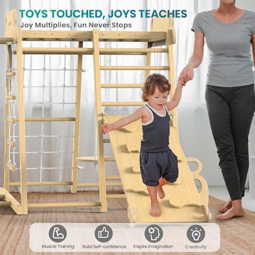 BlueWood Upgraded Indoor Jungle Gym 9-in-1 Playground Kids Climbing Toys, Waldorf Style Wooden Climber Playset with Slide, Swing, Monkey Bars, Upright/Rope Ladder, Climb Net, Natural Wood Color - Thumbnail 6