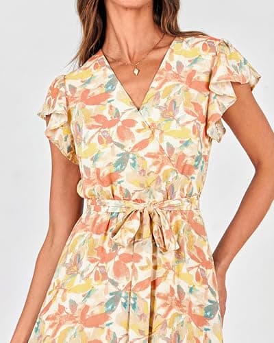 BTFBM Women Summer Bohemian Floral Casual Wrap V Neck Ruffle Cap Sleeveless Belt A-Line Pleated Hem Swing Midi Sun Dress(White Big Flower,Large) - Thumbnail 4
