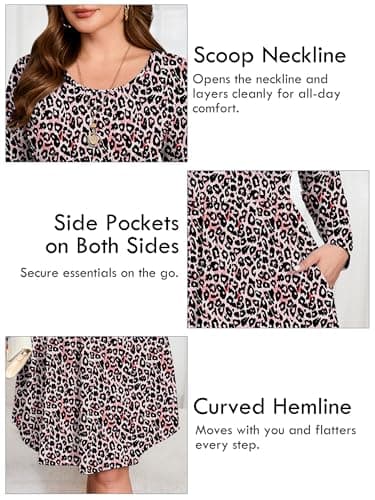 AusLook Women's Plus Size Long Sleeve Midi Dress Crewneck Casual Empire Waist Loose Flowy Dresses A-Line Boho Party 2025 Fall Winter Long Fancy Peachy Leopard 2X Dress with Pockets - Thumbnail 4