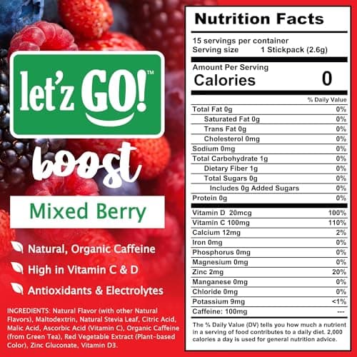 Let'z Go Clean Energy Drink Mix – Natural Caffeine Packets, Vitamins C + D, Electrolytes, Sugar-Free, Zero Calories | Anytime Energy | 15 Count (Mixed Berry) - Thumbnail 2