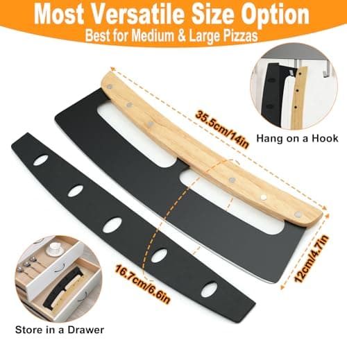 Pizza Cutter Rocker Blade 14 Inch - Razor Sharp Stainless Steel Slicer Knife Slice Pizza with Ease, Stylish Rubbre Wood Handle,With Protective Cover - Professional Pizza Oven Accessories。 - Thumbnail 3