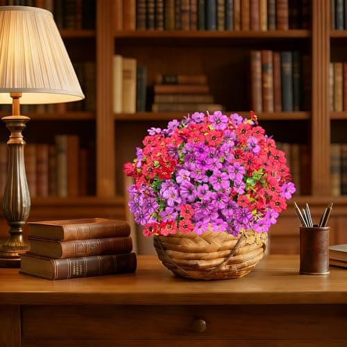 QSPEROV Artificial Flowers for Outdoors UV Resistant, 12 Bundles Realistic Faux Daisy with Eucalyptus Leaves Fake Plants for Porch Patio Planter Garden Decoration (Red Light Purple) - Thumbnail 4