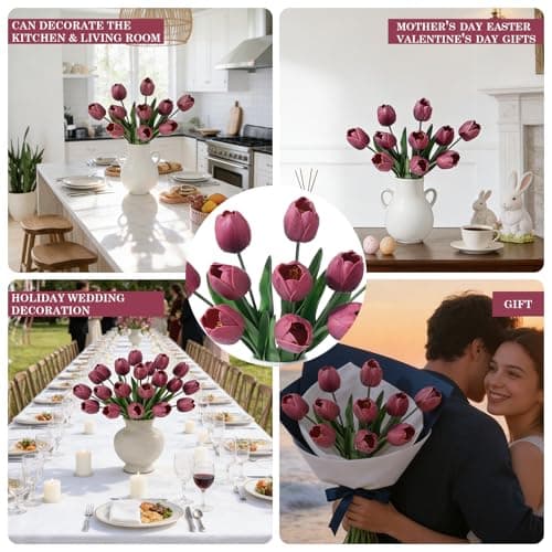 LILUYTO Deep Red Fake Tulips,18.5" PU Artificial Tulips Flowers for Spring Easter Home Kitchen Wedding Bouquet Bulk Mother's Gift Day Decorations - Thumbnail 6