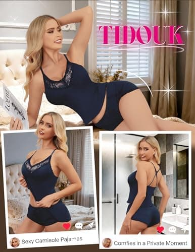 Tidouk Women's Sexy Pajama Set Lace Lingerie Nightwear Cami PJ Sets with Elastic Waist Shorts(Navy Blue,XX-Large) - Thumbnail 2