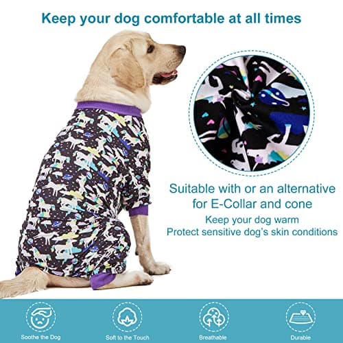 LovinPet Large Breed Dog Clothes, Wound Care/Post Surgery Recovery Shirt for Large Dogs, Unicorns in Space Black Print, UV Protection, Pet Anxiety Relief, Stop Shedding for Dogs, Pet PJ's, 2XL - Thumbnail 3