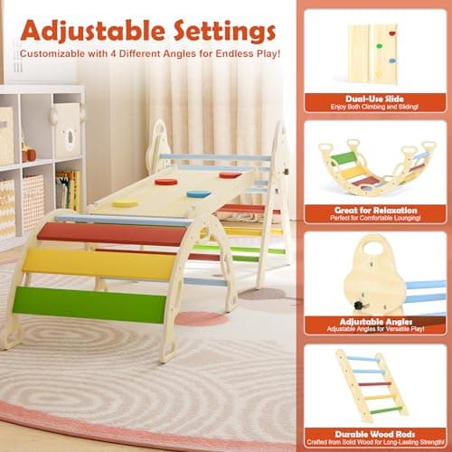 doowroodni Pikler Triangle Set 7in1 Toddler Climbing Toys Indoor Foldable Baby Climbing Toys Wooden Montessori Climbing Set with Arch, Ramp, Ladder for 1-3 Years, Jungle Gym for Kids - Thumbnail 3