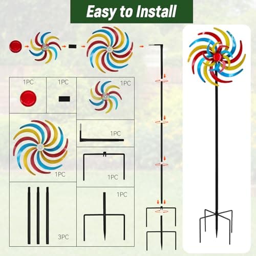 CBAXEAXM Colorful Kinetic Wind Spinner for Outdoor 13" W Metal Windmill Wind Sculptures with 5 Prong Stake, Easy to Rotate Metal Yard Art for Garden Patio Lawn Backyard Decor - Thumbnail 6
