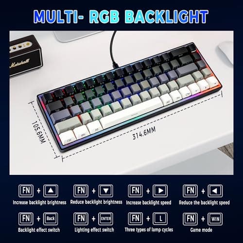 Taramico 65% Gaming Keyboard, LED Backlit Mini Wired Keyboard, Ultra-Compact Anti-Ghosting No-Conflict 68 Keys Membrane Gaming Wired Keyboard for PC Laptop Windows Gamer(Gray-White) - Thumbnail 5