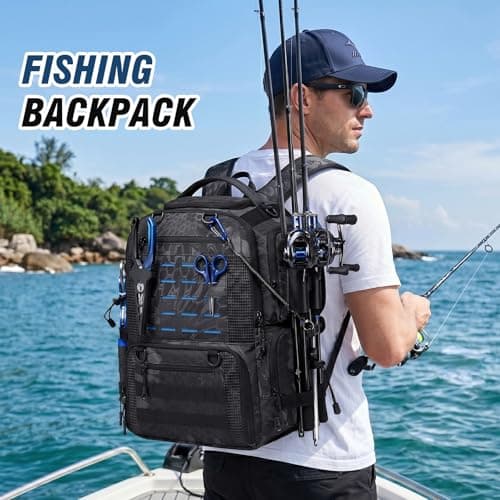 oinitiry Fishing Tackle Backpack with Tackle Boxes, Two Rod Holders, Bottle Holder, 50L Waterproof Tackle Bag for Fishing Gear, Fish Gifts for Men, Black Camo (4 Tackle Boxes Included - Thumbnail 2