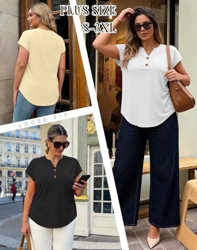 INNOVATOP 2 Pack Womens T Shirts V Neck Short Sleeve Henley Tops Work Business Casual Blouses Summer Dressy Casual Clothes Black/White - Thumbnail 4
