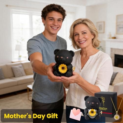mountova Gift for Her Lucky Bear with Sunflower, Sunflower in Elegant Gift Box with Necklace for Women, Bear Gifts for Mother's Day Valentine's Day Anniversary Weddings Birthday,Christmas, Black - Thumbnail 2