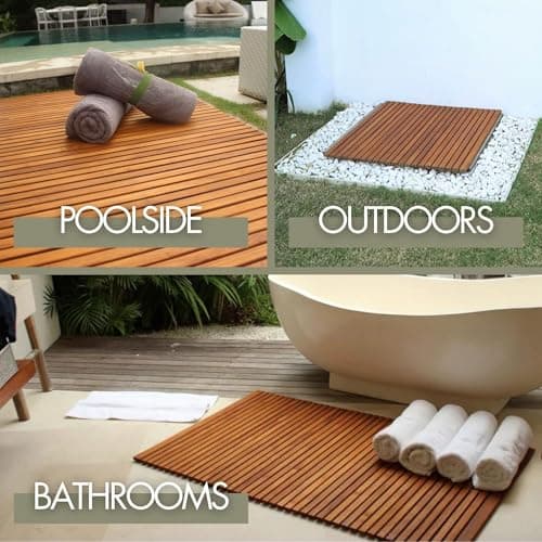 Nordic Style Teak Shower and Bath String Mat - Indoor and Outdoor Use - Non-Slip Wooden Platform for Sauna, Pool, Hot Tub Flooring Decor and Protector (Natural Finish, 23.62" x 15.75") - Thumbnail 4
