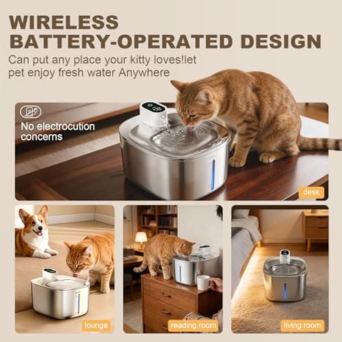 PGID Wireless Cat Water Fountain Stainless Steel,4.5L Cordless Pet Fountains for Dringking,4000mah Battery Operated Cat Water Pountain,Automatic Dog Dispenser w Pet Hair Remover Gloves - Thumbnail 2