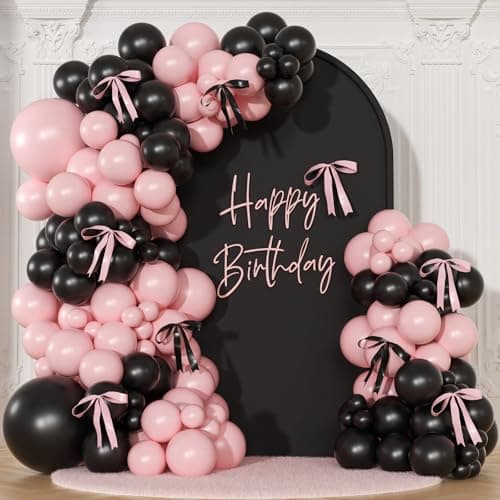 Pink Black Balloon Garland Arch Kit, 141Pcs Pink and Black Balloons Different Sizes 18 10 5 Inch and Bows for Coquette Birthday Wedding Baby Shower Bridal Shower Party Decorations