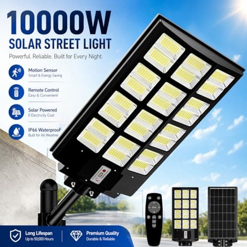10000W Solar Street Light, Super Bright Solar Street Lights Outdoor Waterproof, 320° Solar Flood Lights Outdoor with Dusk to Dawn Motion Sensor Remote, 48000mAh IP67, for Parking Lot Yard Garage Farm - Thumbnail 2