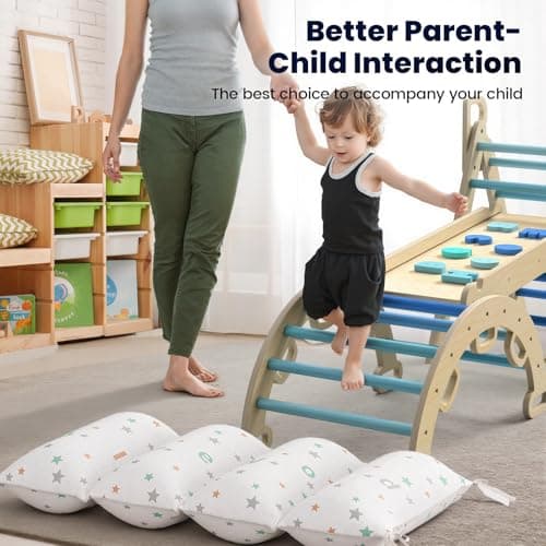 BlueWood Pikler Triangle Set with Cushion, 8-in-1 Foldable Wooden Toddler Climbing Toys Indoor Playground Jungle Gym Montessori Philosophy Climber for 2-6 Years Old, Baby, Kids (Sky Blue) - Thumbnail 3