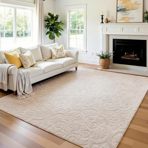 U'Artlines 6x9ft Washable Area Rug for Living Room, Neutral Beige Modern High-Low Pile Rug for Bedroom, Non Slip Soft Cozy Fluffy Large Floor Carpet for Dining Area, Kids Nursery Room - Image 1