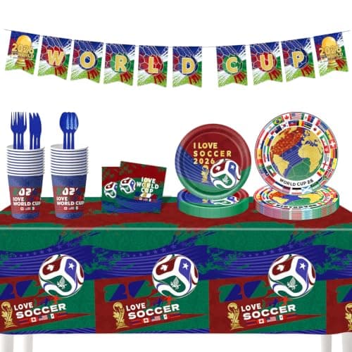 Party Decorations for World Cup 2026, 82 PCS Soccer Theme Party Supplies with Thickened Plates, Napkins Set Tablecloth and Banner for Sports Birthday Party, Soccer Decor - Image 1