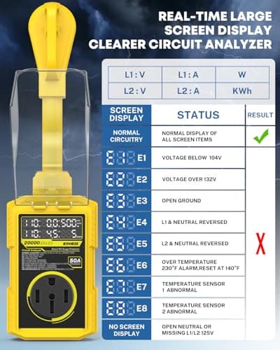Kohree RV Surge Protector 50 Amp, RV Power Surge Voltage Protection, RV Adapter Plug with Real-Time Circuit Analyzer Smart Auto Shut Off LED Large Screen for Travel Trailers Camper, 50A 16000J-Yellow - Thumbnail 3