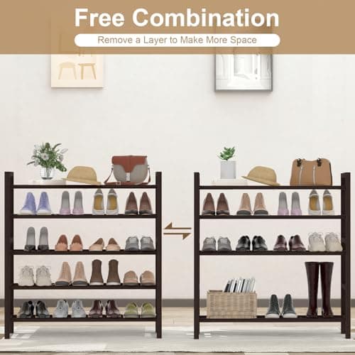 Haddockway Bamboo Shoe Rack for Closet, Free Standing Shoe Organizer with Smooth Round Rods & Convenient Handles, Stackable Shoe Storage Shelf for Entryway, Hallway(Brown, 5-Tier) - Thumbnail 5