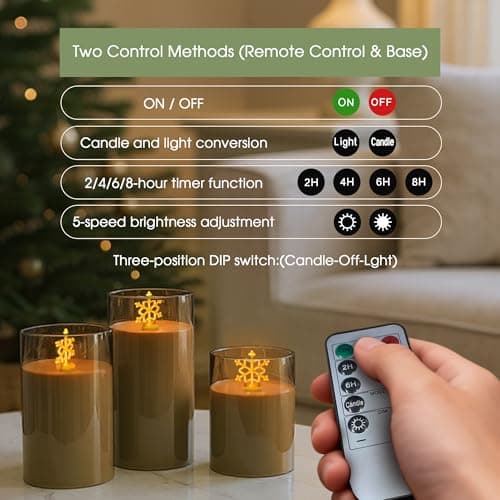 L LOHAS LED Electronic Candle Night Lights with Remote, 3-Pack Snowflake LED Flameless Candles, Battery Operated Flickering Night Light, 5 Brightness Levels & Timer, for Holiday Home Decor - Thumbnail 3