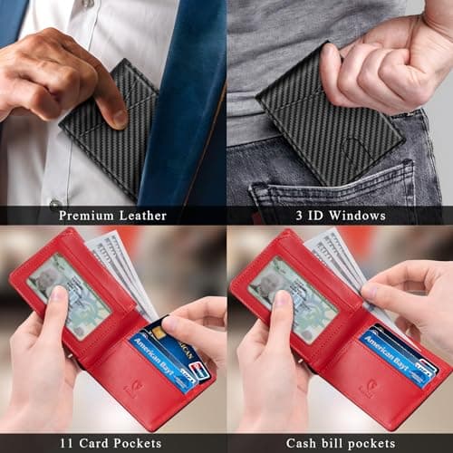 GSOIAX Premium Leather Wallet for Men-Handcrafted Vintage Bifold Wallet with 11 Card Slots,3 ID Windows & 2 Cash Pockets RFID Blocking wallet Gift ideas for Him(Carbon Black+Red) - Thumbnail 6