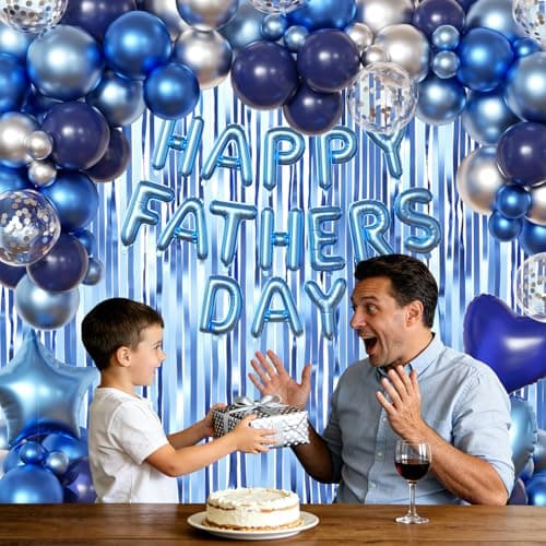 Happy Fathers Day Decorations, Metallic Blue Dark Blue Silver Foil Confetti Balloons Blue Fringe Curtains Banner for Father's Day Party Decorations - Thumbnail 5