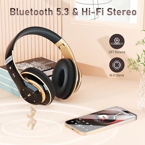 Falebare Bluetooth Headphones Over Ear, 6S Wireless Headphones Wired with 6 EQ Modes, 40 Hours Playtime Foldable HiFi Stereo Headset with Microphone, FM/TF for Cellphone/PC/Work (Black & Gold) - Thumbnail 2