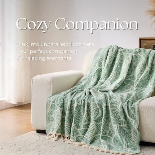 DOWN HOME Chenille Cotton Throw Blanket for Couch, Lightweight Boho Blanket for Bed Sofa Chair Living Room Outdoor Soft Woven Decorative Blanket with Tassel Gift Green Leaves 55"x60" - Thumbnail 4