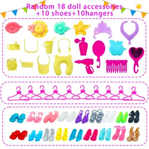 BJMOWIN 50pcs Doll Clothes and Accessories Including 2 Gowns 5 Short Dresses 2 Swimsuits 3 Tops and Trousers 10 Shoes 10 Hangers and 18 Accessories for 11.5 Inch Doll (No Dolls) - Thumbnail 5