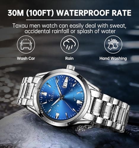 Taxau Mens Watches Stainless Steel Dress Watch Mens Waterproof Watches for Large Wrist Analog Quartz Silver Watch Blue Face Luxury Business Minimalist Date Watch Relojes para Hombres - Thumbnail 2