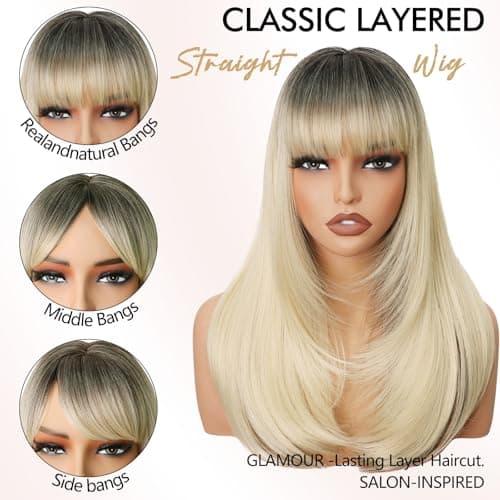 NOSTALGIA Wig with Bangs for Women Ash Blonde with Black Highlights-Dark Roots Straight Face-Framing Layers Hairstyle 4x4 Realistic Scalp Glueless Synthetic Wigs for Everyday Use - Thumbnail 4