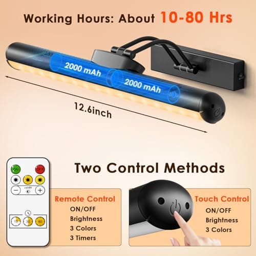 Picture Light for Wall with Remote, Wireless Battery Operated Wall Lights with 3 Colors Dimmable & Timer, 12.6" Rechargeable Metal Wall Sconce for Living Room, Artwork Gallery Display, Black 1Pack - Thumbnail 5