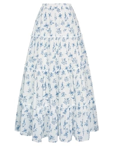 Scarlet Darkness Floral Maxi Long Skirts for Women Summer 2026 Tiered Skirt Flowy Boho Fairy Skirt with Pockets White Blue Floral XL - Image 1