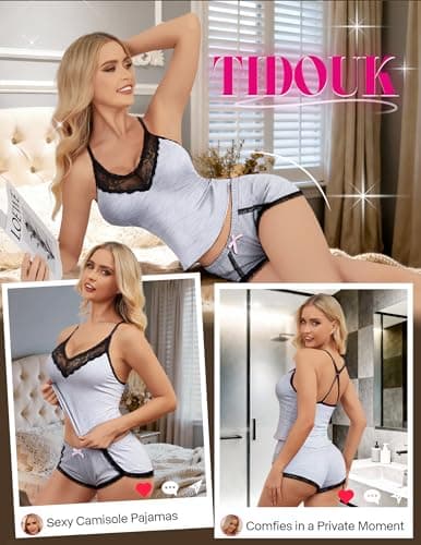 Tidouk Women Pajama Sets 2 Piece Sexy Pajamas Elastic Waist Lace Nightwear Cami and Short Set(Gray,Small) - Thumbnail 2