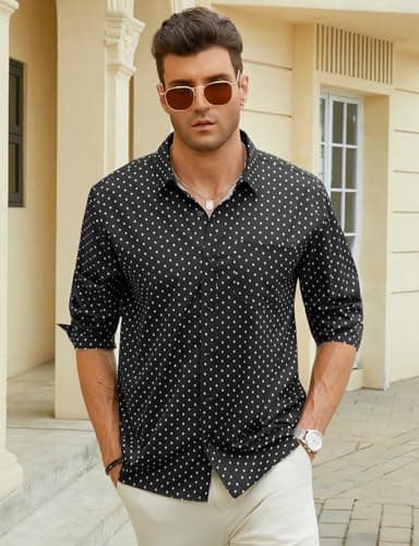 Hardaddy Men's Pattern Long Sleeve Button Down Graphic Printed Business Casual Dress Shirts with Pocket Black L - Thumbnail 2