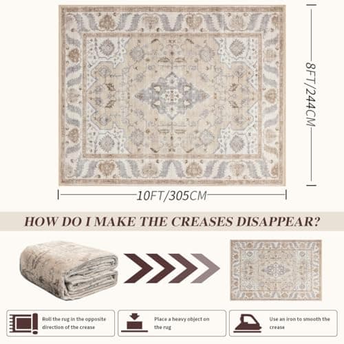 Area Rug 8x10 for Living Room Soft Machine Washable Low Pile Area Rugs Vintage Boho Bedroom,Dinner Room Non-Slip Carpet Rug - Beige - Thumbnail 2