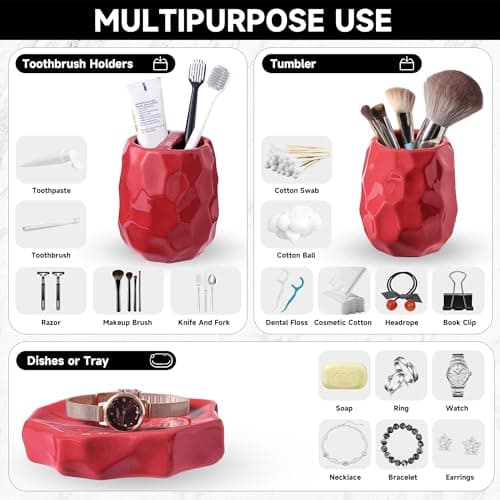 Ceramic Bathroom Accessories Set 4 PCS,Bathroom Toothbrush Holder Set,Soap and Toothbrush Holder Set,Include Toothbrush Holder,Soap Dispenser,Tumbler,Soap Dish,Bathroom Sets Decor Organizer (Red) - Thumbnail 4
