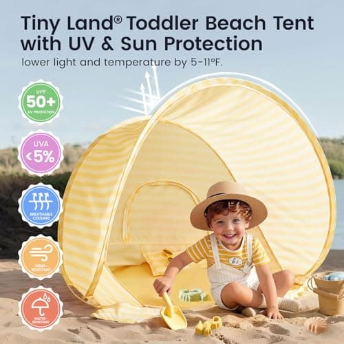 Tiny Land Baby Beach Tent – Pop Up Baby Tent with UV Protection, Portable Baby Beach Essentials, 35.4"x27.6"x31.5" Sun Shelter for Infants, Baby Summer Outdoor Use (Pastel Yellow Stripes) - Thumbnail 2