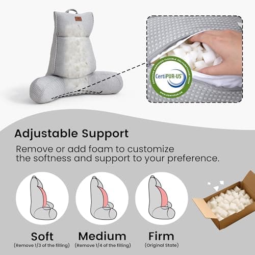 Amélie Home Cooling Reading Pillow with Arms for Adults, Breathable Waffle Fabric Bed Rest Pillow for Sitting Up, Ergonomic Back Support with Pockets for Gaming Relaxing, Cooling Gray, 29 Inches - Thumbnail 4
