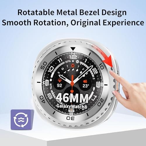 SDOCEBF for Samsung Galaxy Watch 8 Classic 46mm, Rotatable Metal Bezel Case, Slim Shockproof Bumper with Back Cover, Silver/Black - Thumbnail 2