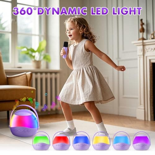 Mini Karaoke Machine Gifts for Kids Adults, Portable Karaoke Speaker with 2 Wireless Microphones, Kids Microphone with Speaker and LED Light, Birthday Gifts for Girls Boys 3-12+ Year Old (Purple) - Thumbnail 5