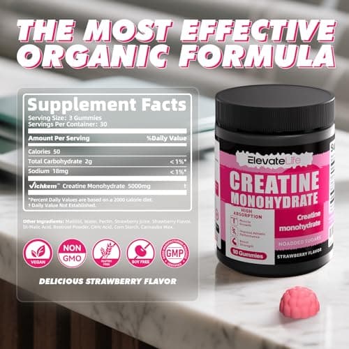 NSFCertified Creatine Monohydrate Gummies 5000mg for Men & Women, Chewables Creatine Monohydrate for Muscle Strength, Muscle Builder, Energy Boost, Pre-Workout Supplement(90 Count)-Strawberries - Thumbnail 5